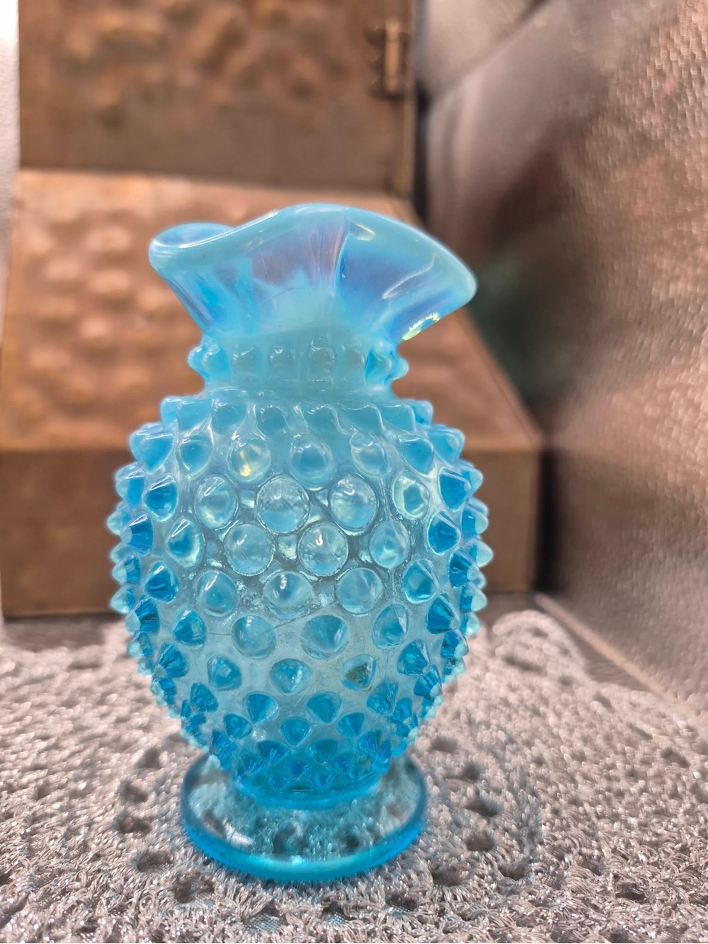 Fenton Glass Aqua Sky Blue Opalescent Crimped Bud Vase Mini with Hobnail 4”